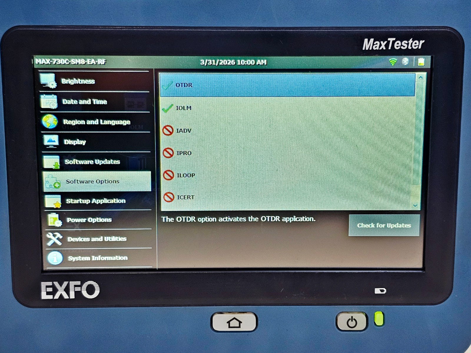 EXFO MAX-730C-SM8-EA OTDR angled view showing overall unit condition
