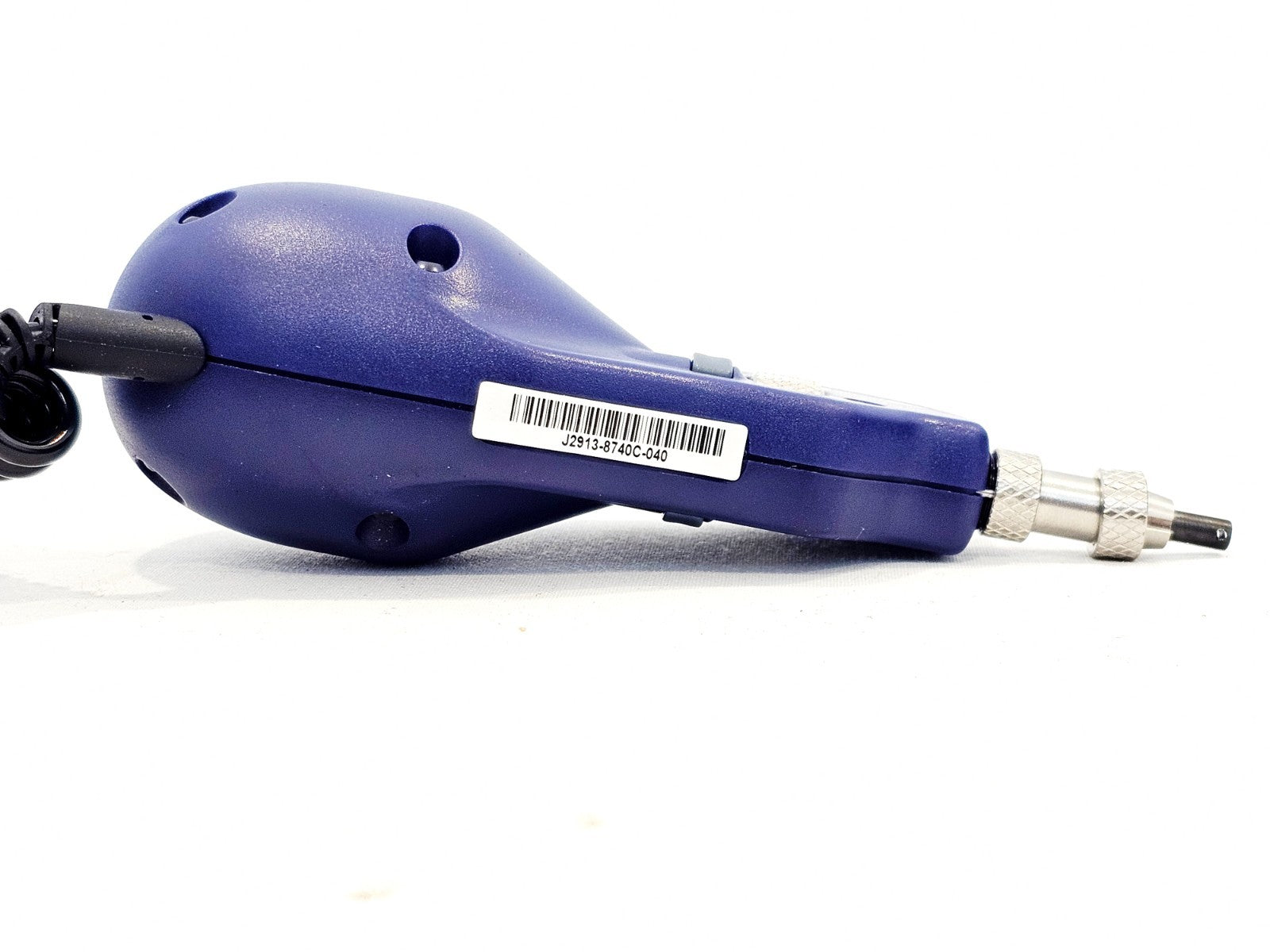 Underside of JDSU P5000i probe showing serial number barcode label J2913-8740C-040 and metallic probe tip