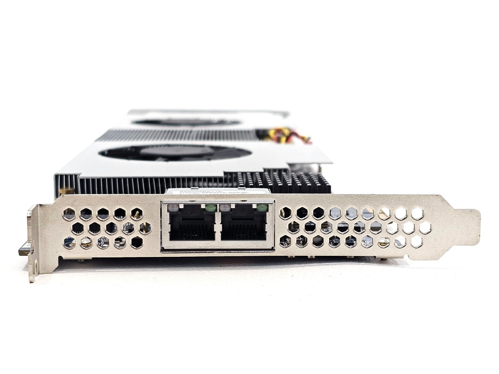 Advantech DSPC-8682G2-00A2E DSP card bracket end showing dual RJ45 GbE ports on vented metal I/O bracket