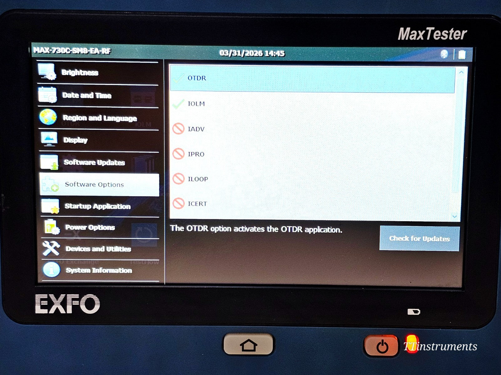 EXFO MAX-730C-SM8-EA OTDR bottom panel with serial number label and certifications
