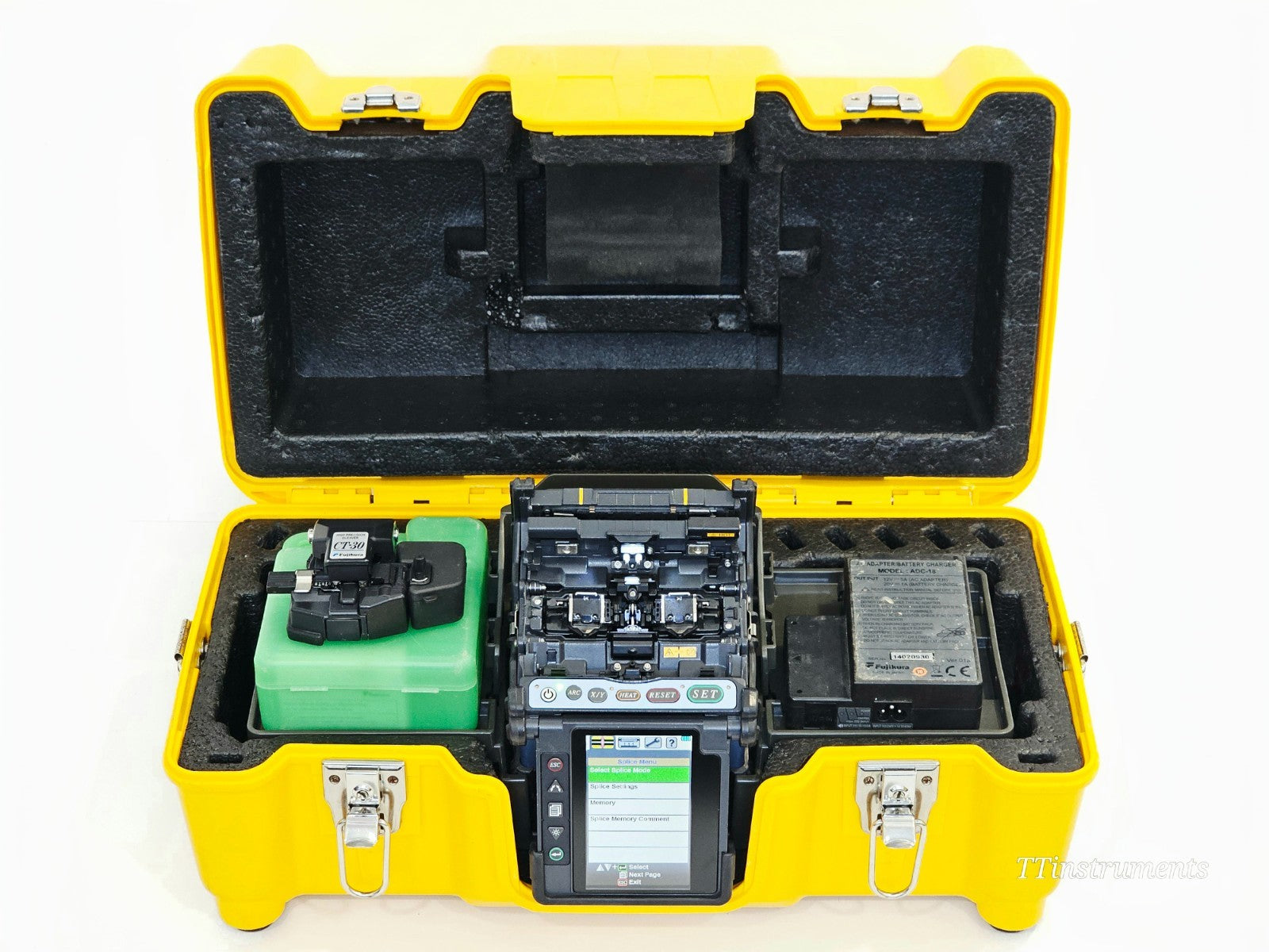 Fujikura FSM-70S+ used fusion splicer front view, portable fibre optic splicing machine