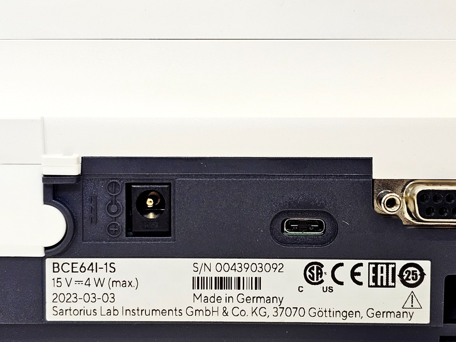 Sartorius BCE64I-1S lab balance side angle view showing housing and build quality