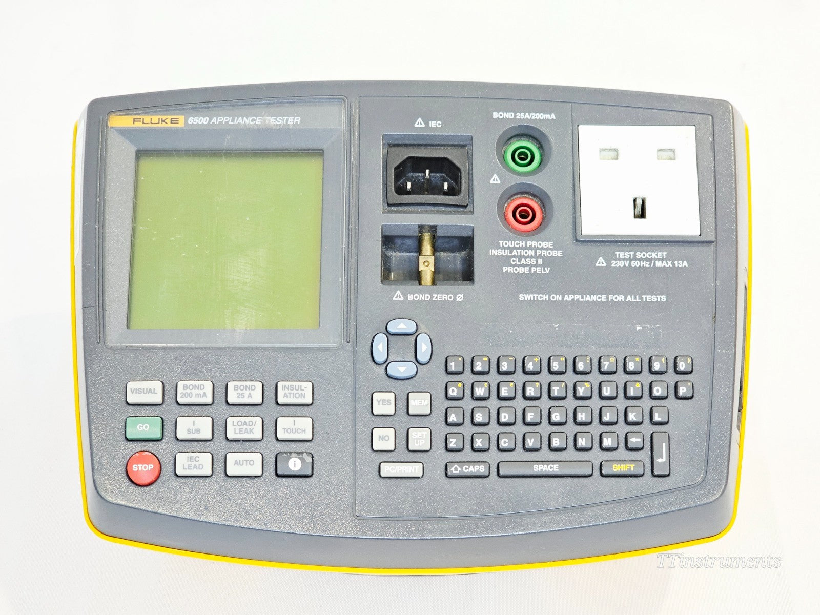 Fluke 6500 PAT tester angled side view showing controls and display