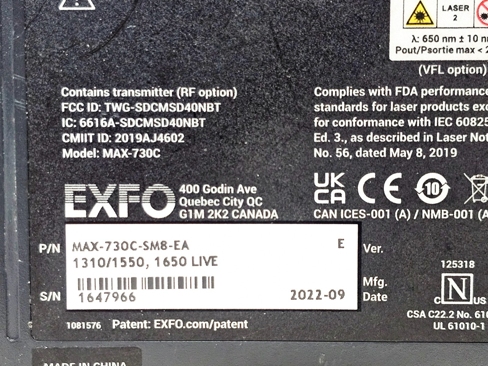 EXFO MAX-730C-SM8-EA OTDR screen display showing fibre trace measurement