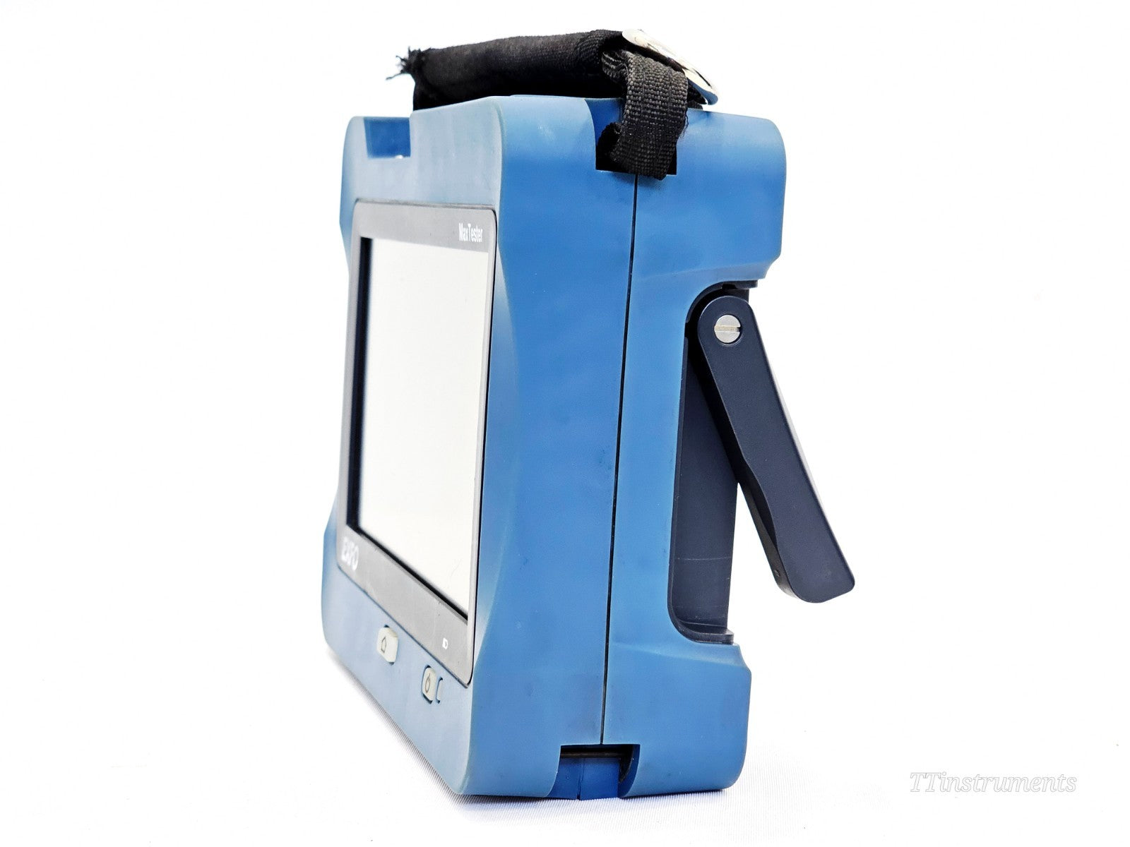 EXFO MAX-730D-SM8 MaxTester OTDR right-side view showing carry strap and tilt stand extended