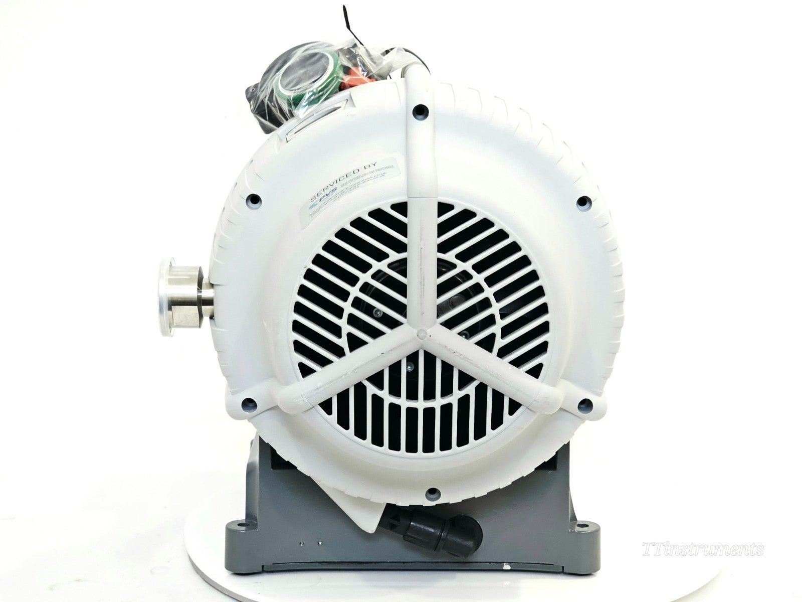 Edwards XDS100B vacuum pump rear panel and exhaust port detail