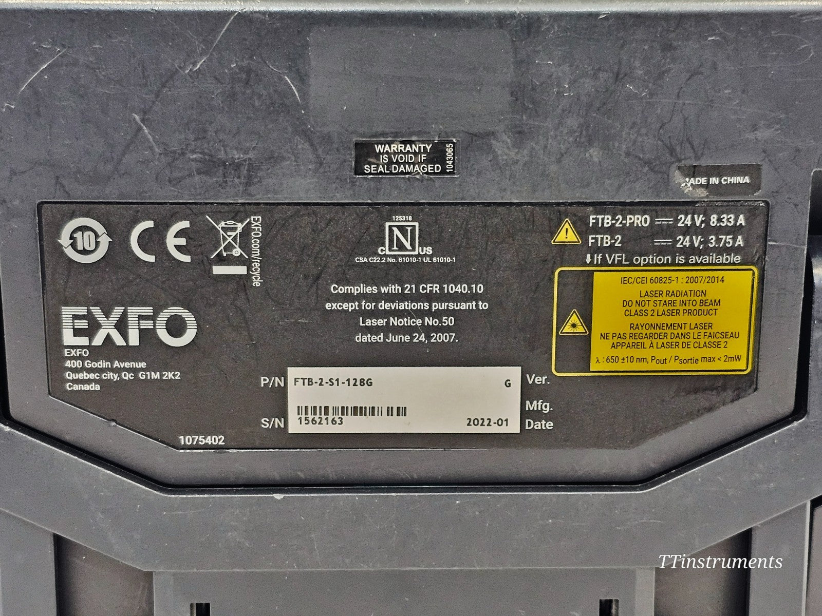 EXFO FTB-2 OTDR label and serial number detail on used fibre test unit