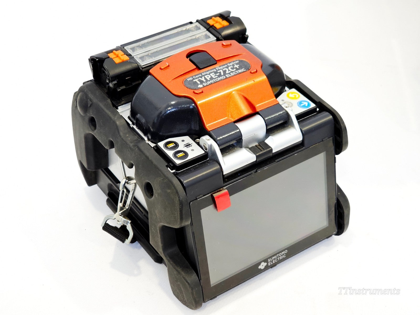 Sumitomo TYPE-72C+ HD core aligning fusion splicer front-angle view showing orange hood, touchscreen, and carry handle