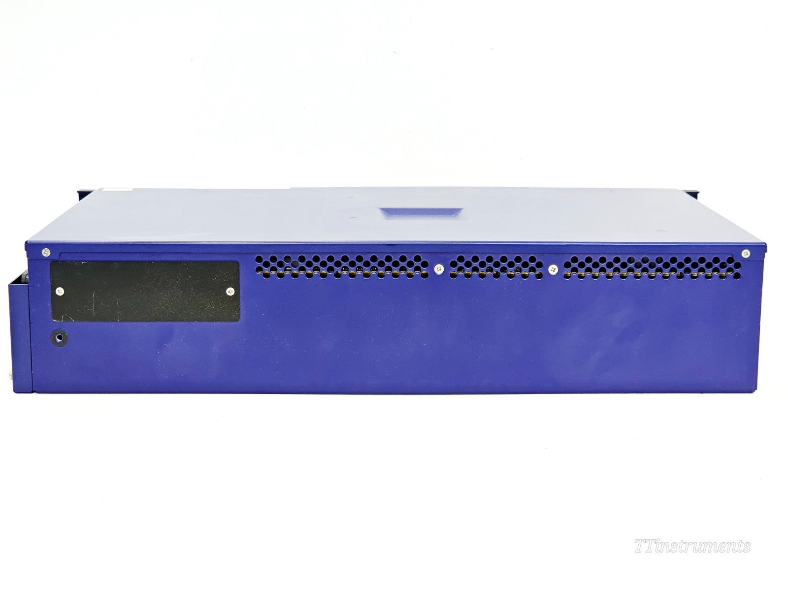 Viavi OTU 8000E v2 rear view showing ventilation perforations, cable management slot and blank panel on left
