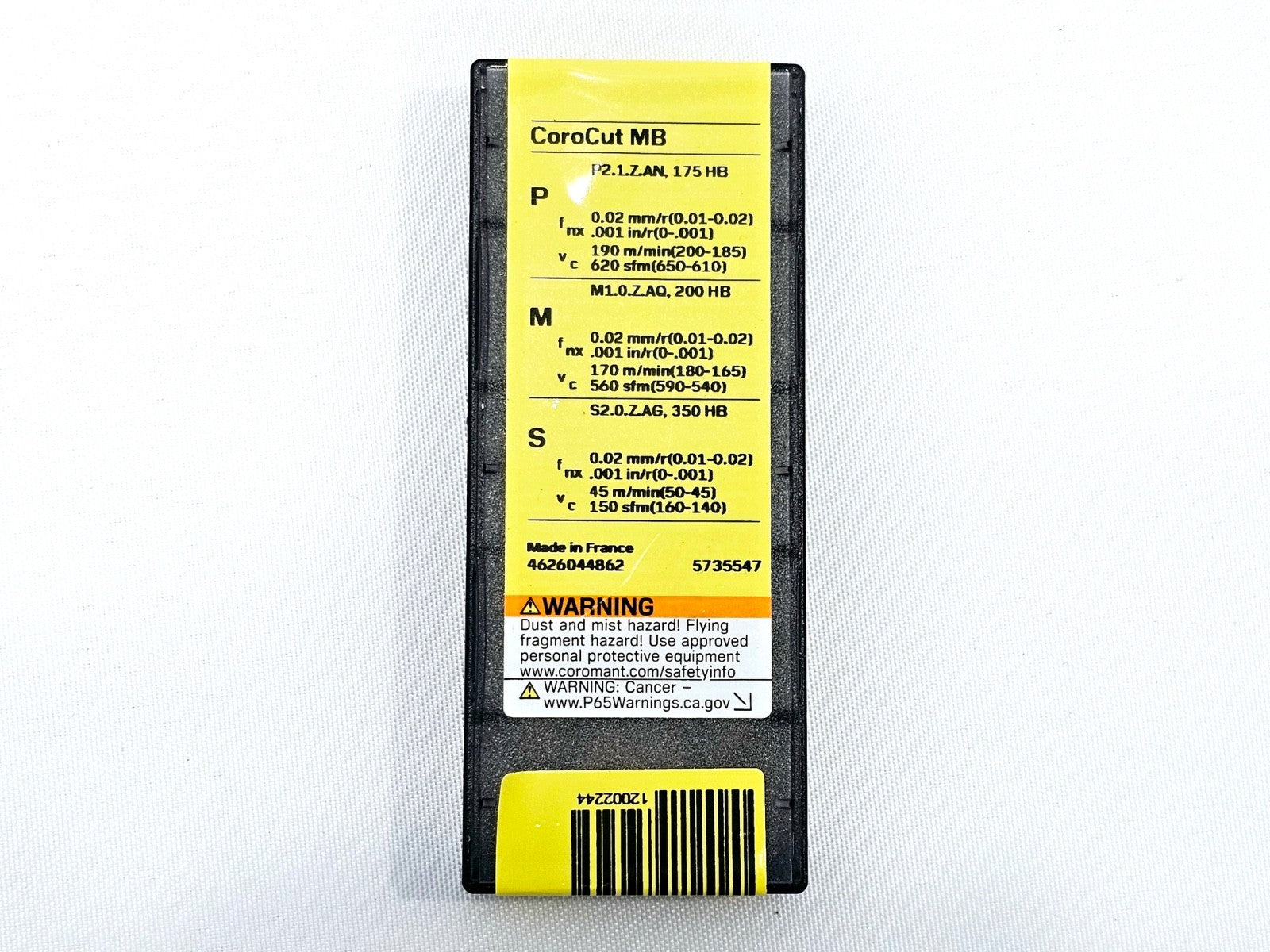 Sandvik Coromant MB-07G120-00-10L 1025 CoroCut MB insert pack reverse showing cutting data label