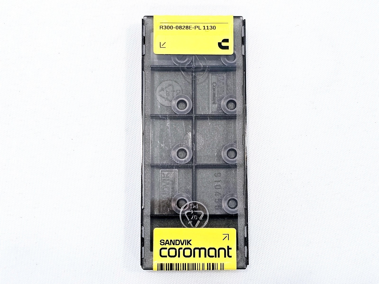 Front face of single Sandvik Coromant R300-0828E-PL 1130 CoroMill 300 insert pack showing 10 round carbide inserts
