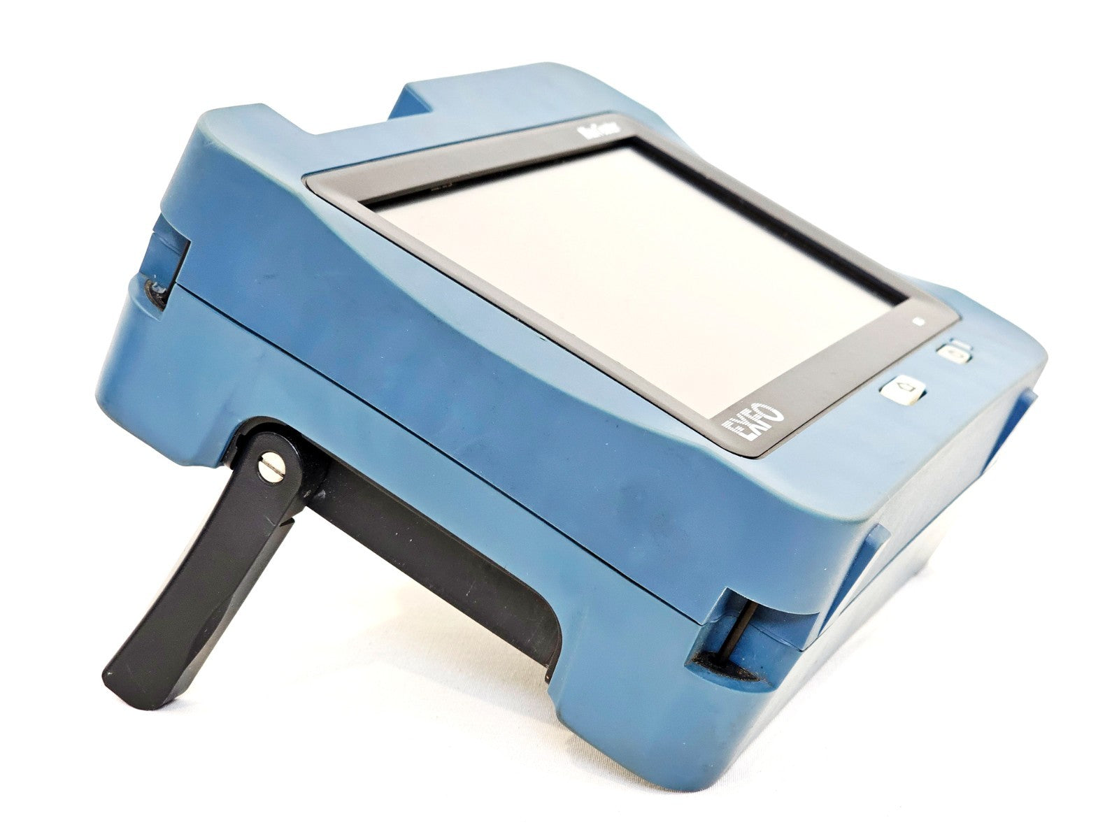 EXFO MAX-945-SM3 right-side angle view with kickstand deployed, EXFO branding visible on front bezel