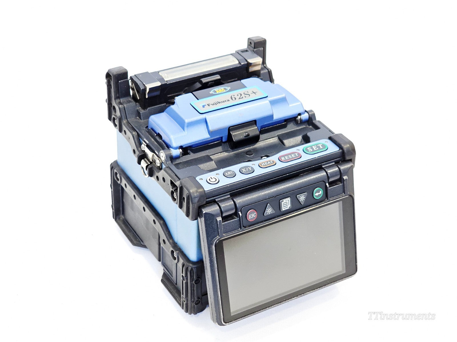 Fujikura FSM-62S+ fusion splicer front-angle view showing blue wind protector hood, TFT display and control buttons