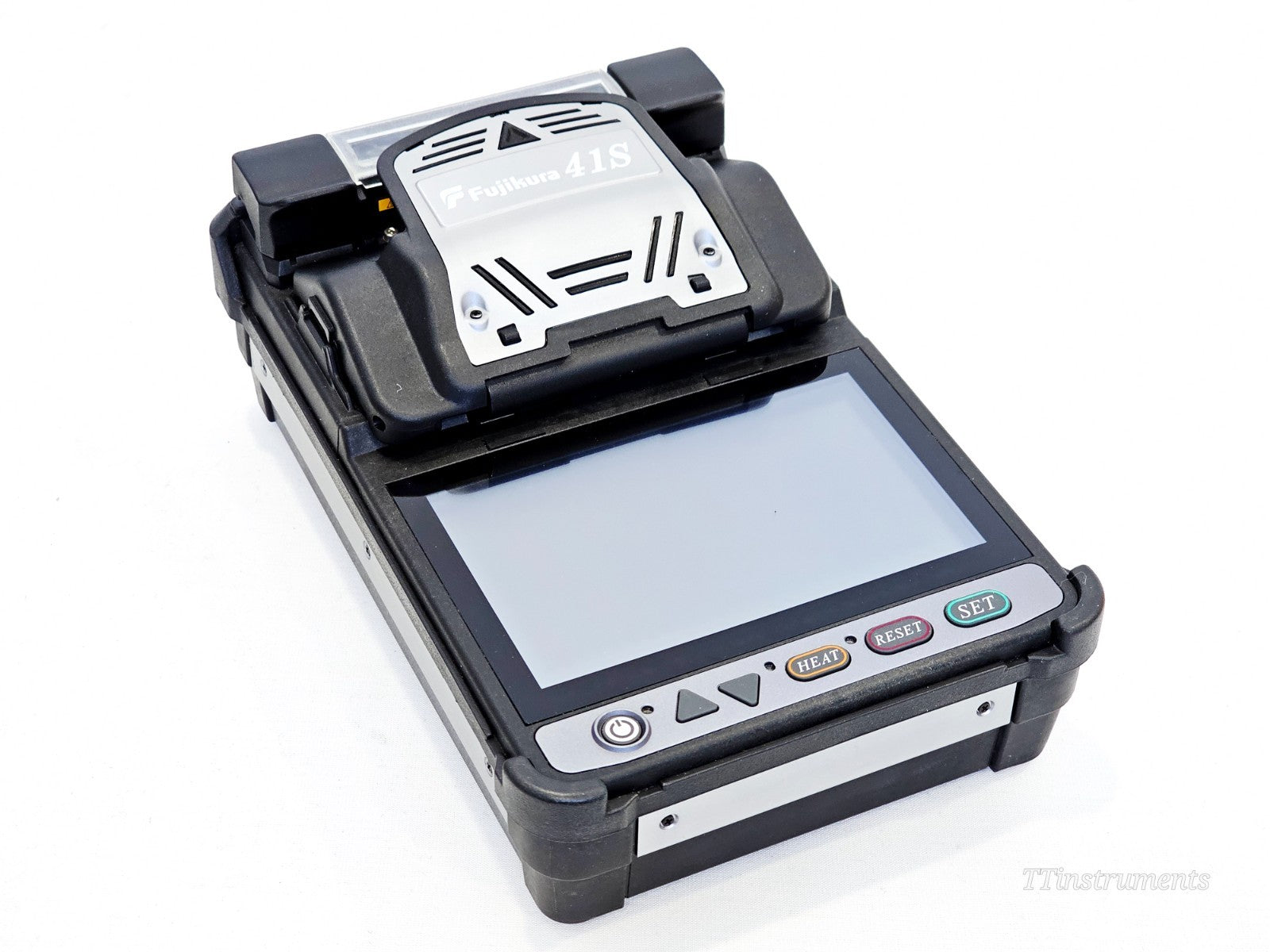 Fujikura 41S fusion splicer front and top view showing 5-inch touchscreen, HEAT RESET SET buttons and splicer hood
