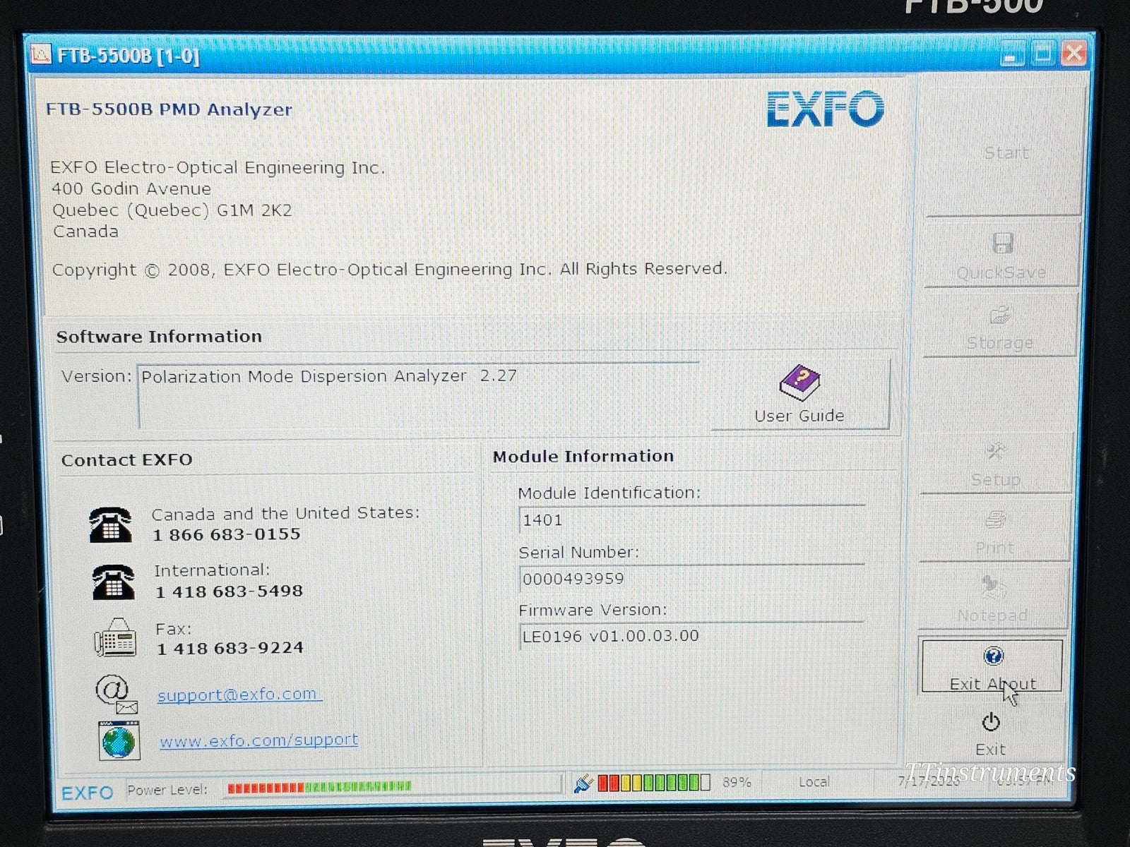 EXFO FTB-500 module bay open showing internal test module housing