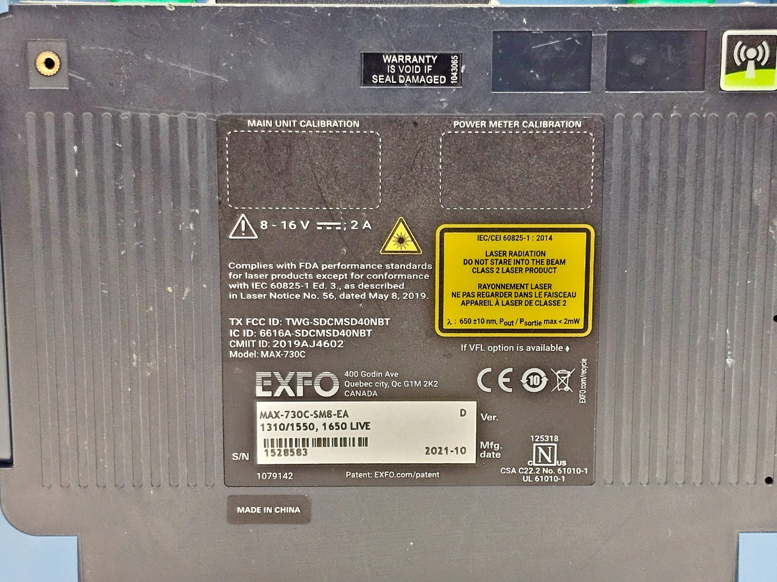 EXFO MAX-730C-SM8-EA OTDR bottom panel label and serial number detail