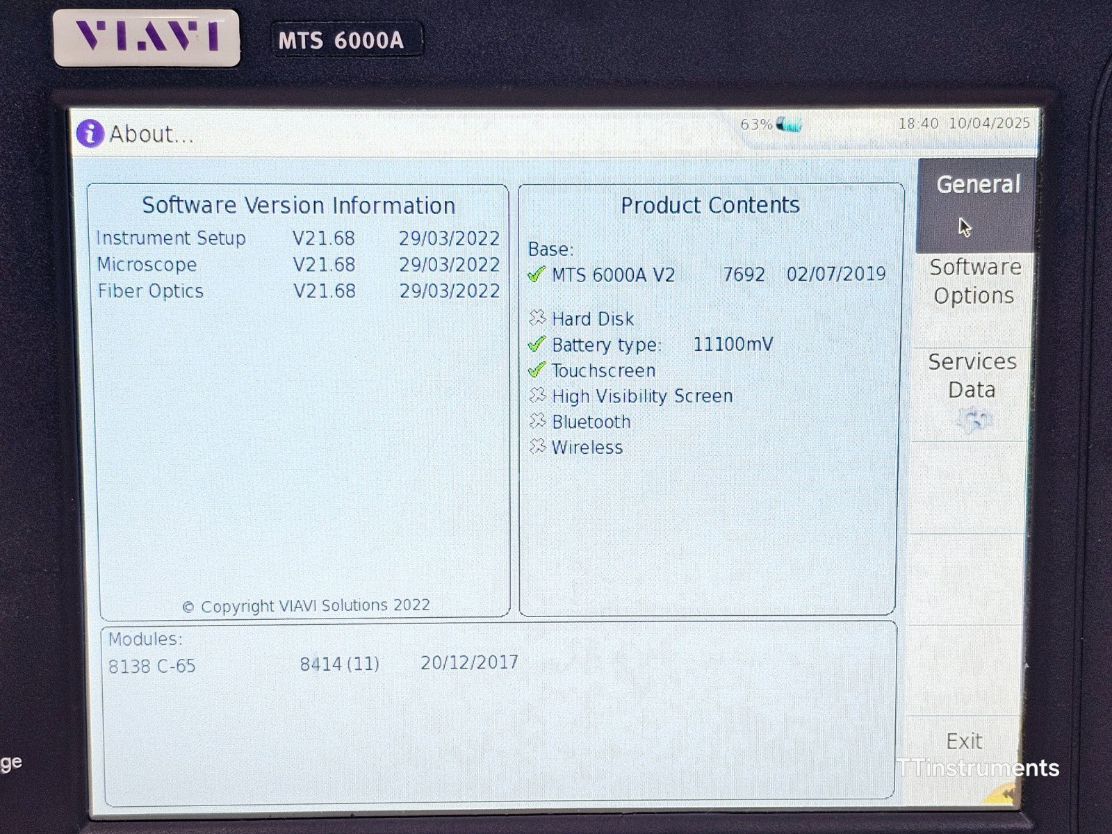 Viavi JDSU 6000A V2 Mainframe with 8138C-65 1310/1550/F1650 OTDR 47.5 dB 8138C65