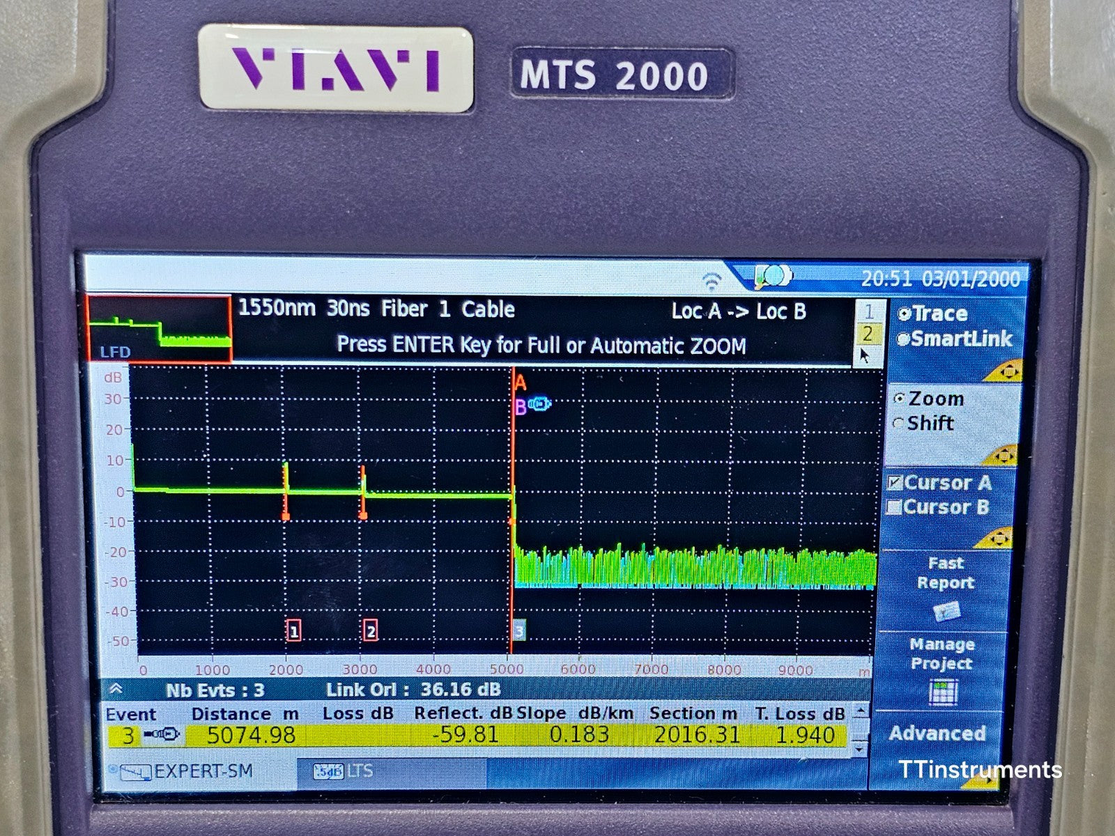 Viavi JDSU MTS 2000 PM/VFL + 4126 MP2 Metro PON 1310/1550 nm OTDR 46/45 dB SC-PC