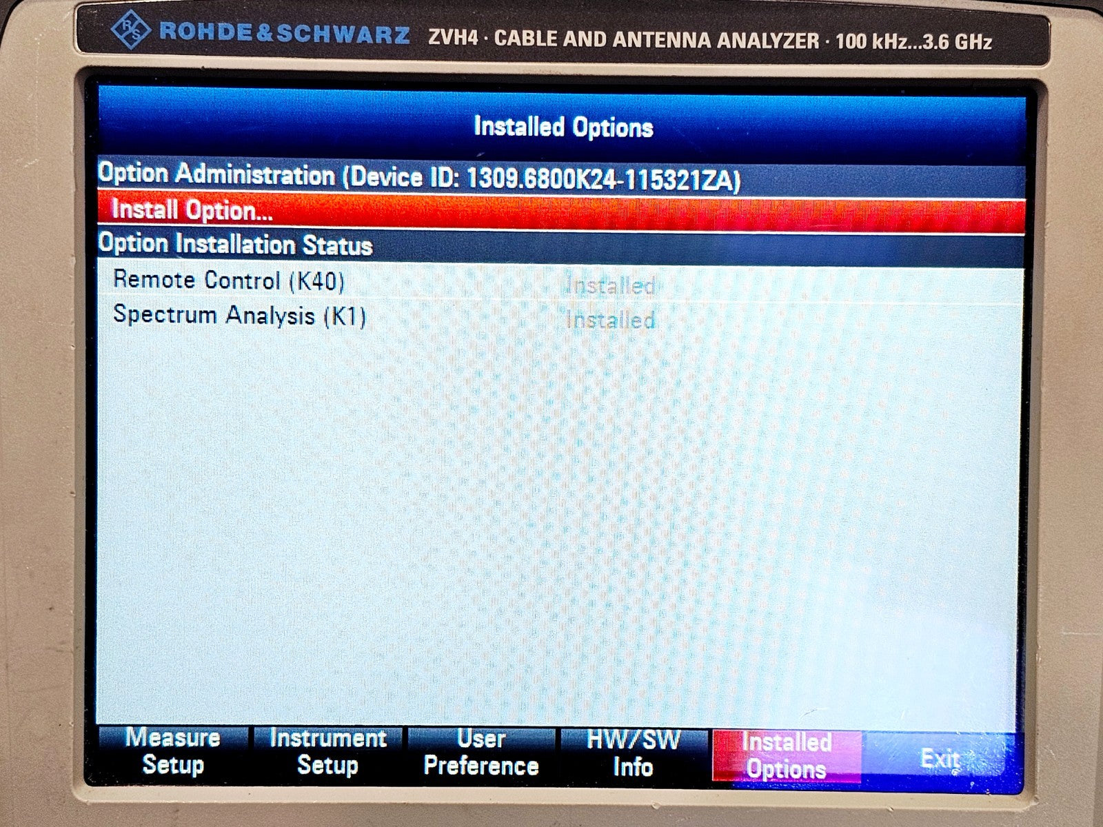 Rohde & Schwarz ZVH4 Cable and Antenna Analyzer 100kHz - 3.6GHz Options K40 K1