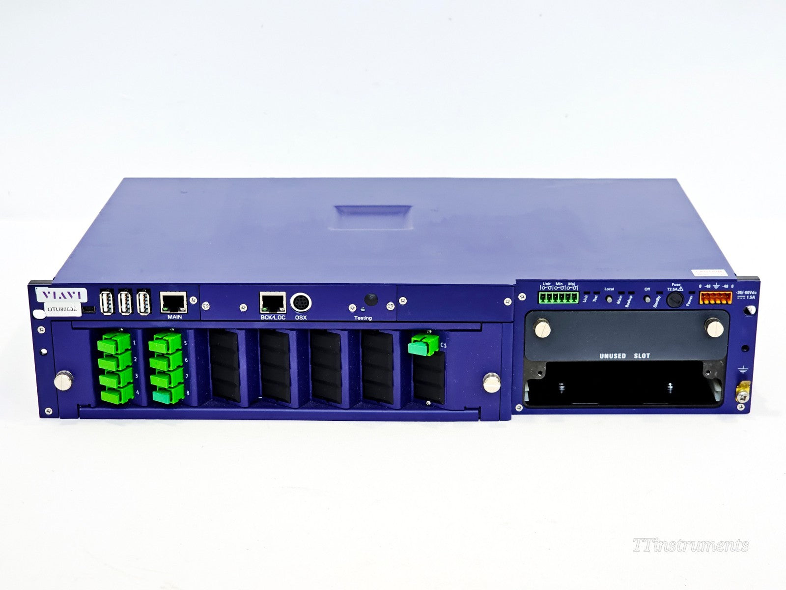 Viavi OTU 8000E v2 with OTAU 1x8 optical switch — front three-quarter view showing LC/APC ports and panel