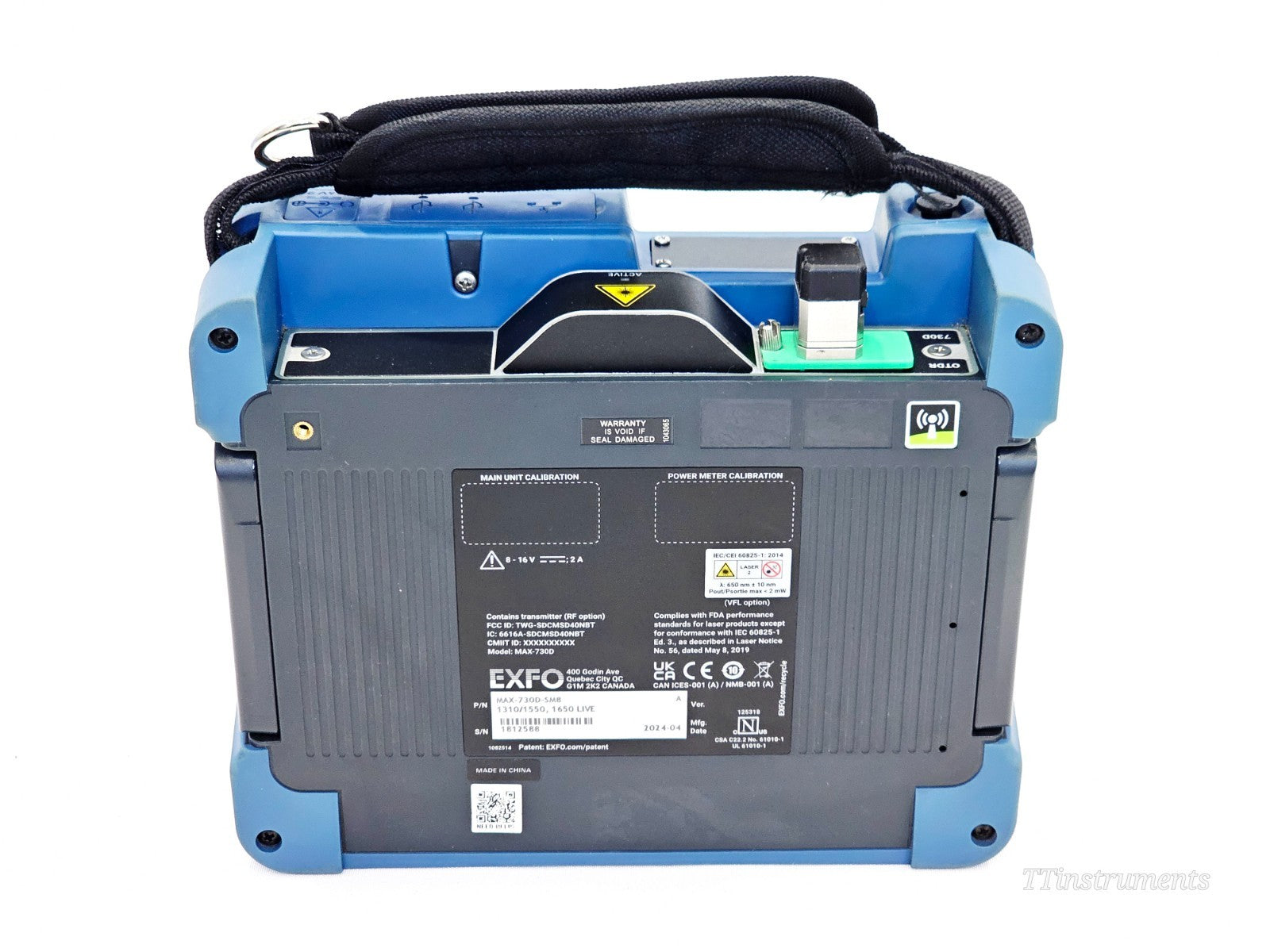 EXFO MAX-730D-SM8 rear panel showing SC-APC OTDR port, label with P/N 1310/1550/1650 LIVE and S/N 1812588