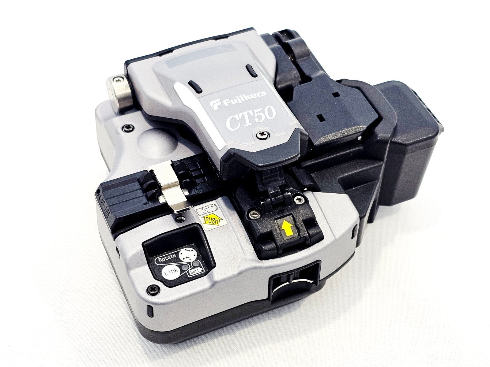 Fujikura 90S fusion splicer rear view showing battery compartment and connections
