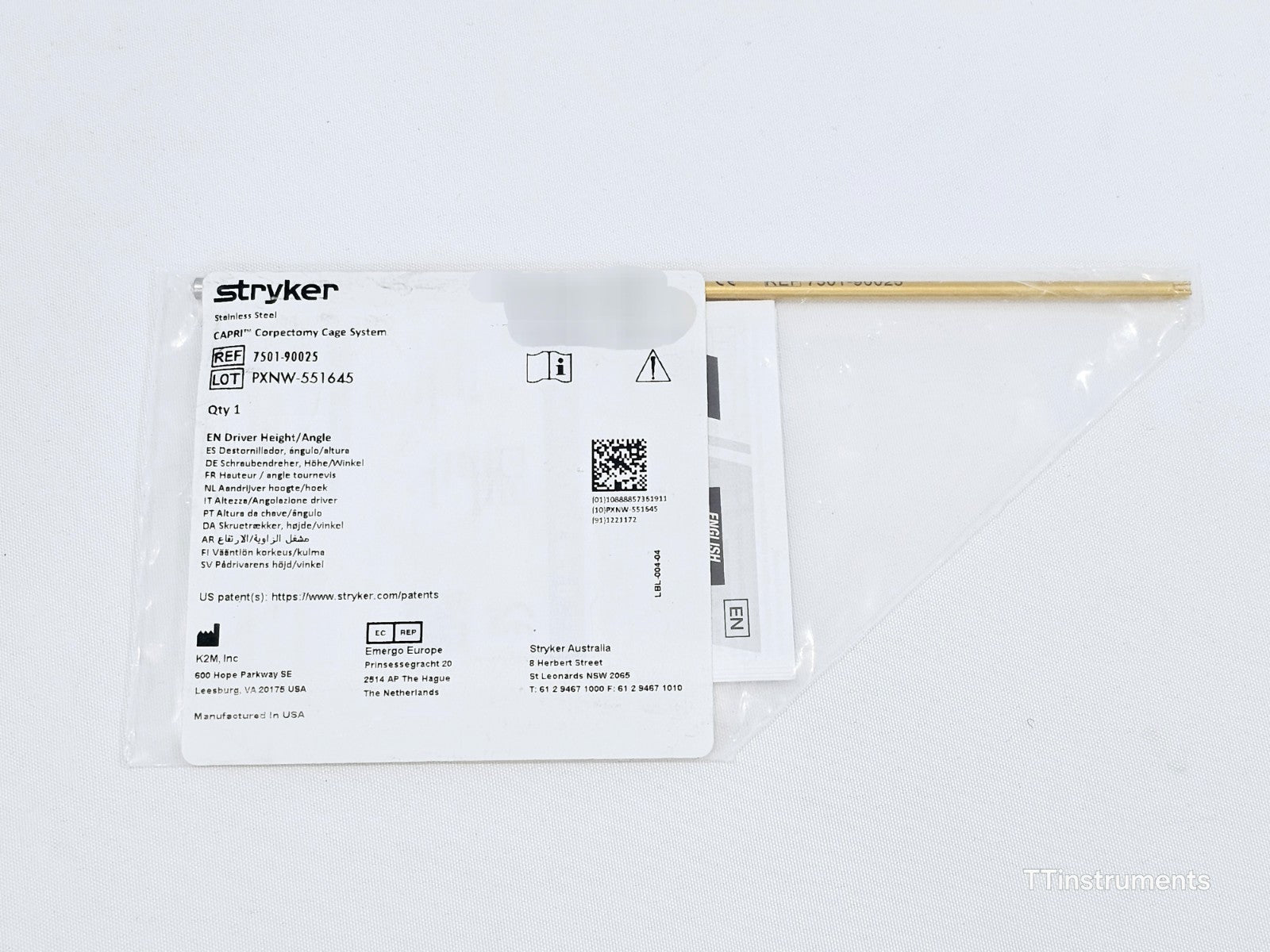 Stryker 7501-90025 Capri Corpectomy Cage System Driver Height/Angle