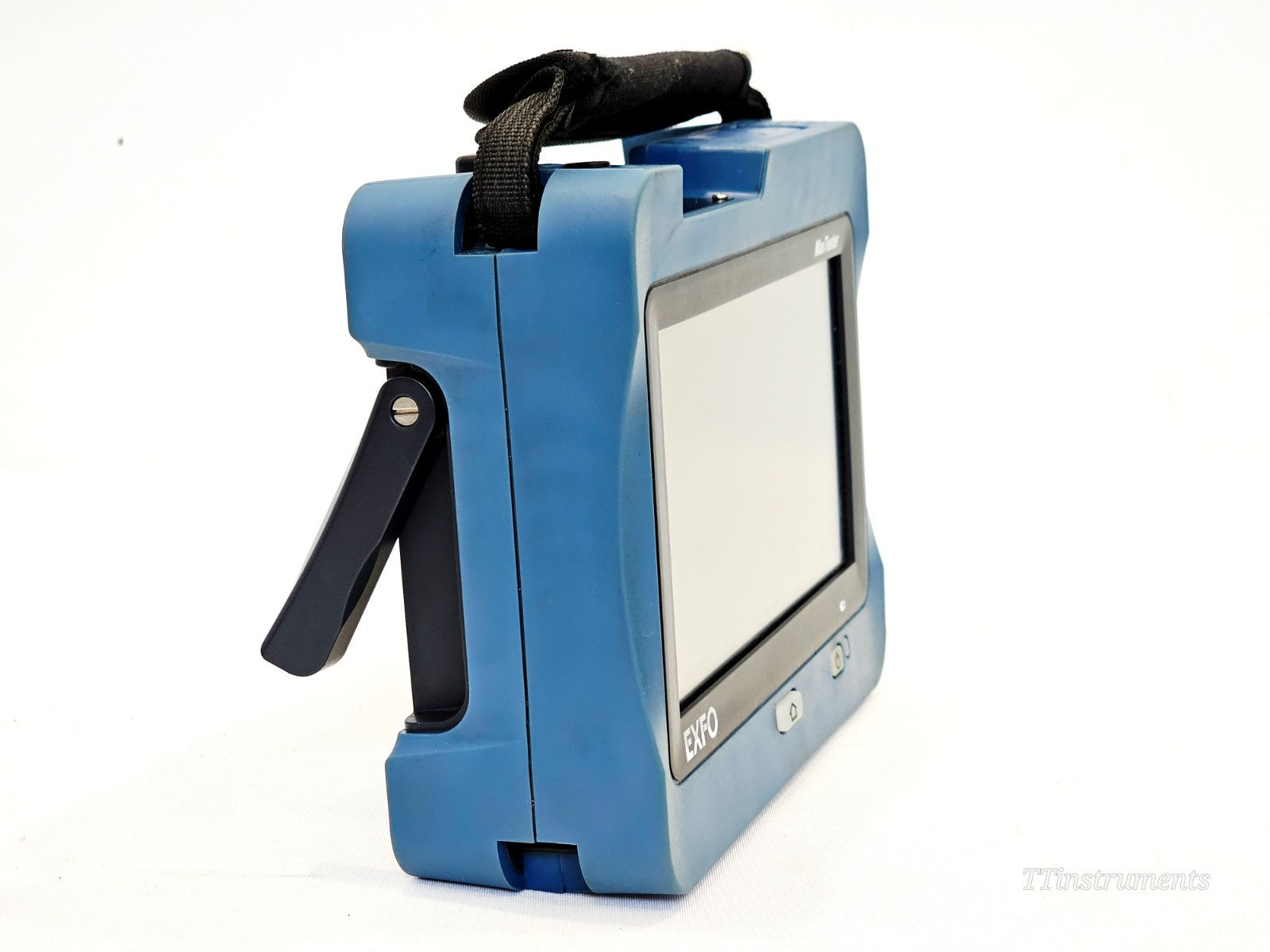 EXFO MAX-730D-SM8 MaxTester OTDR right side view showing rugged blue housing, kickstand and carry strap
