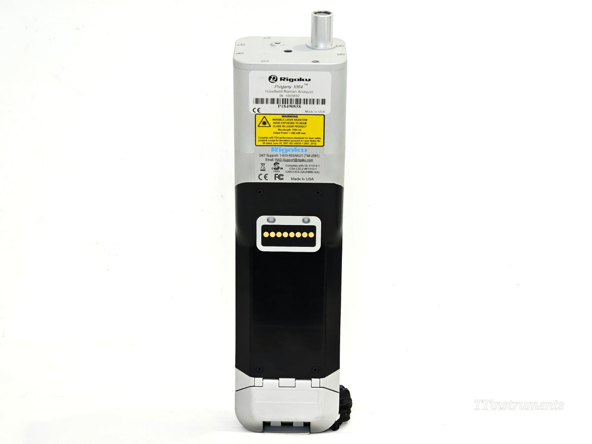 Rigaku Progeny Raman spectrometer label showing model and serial number