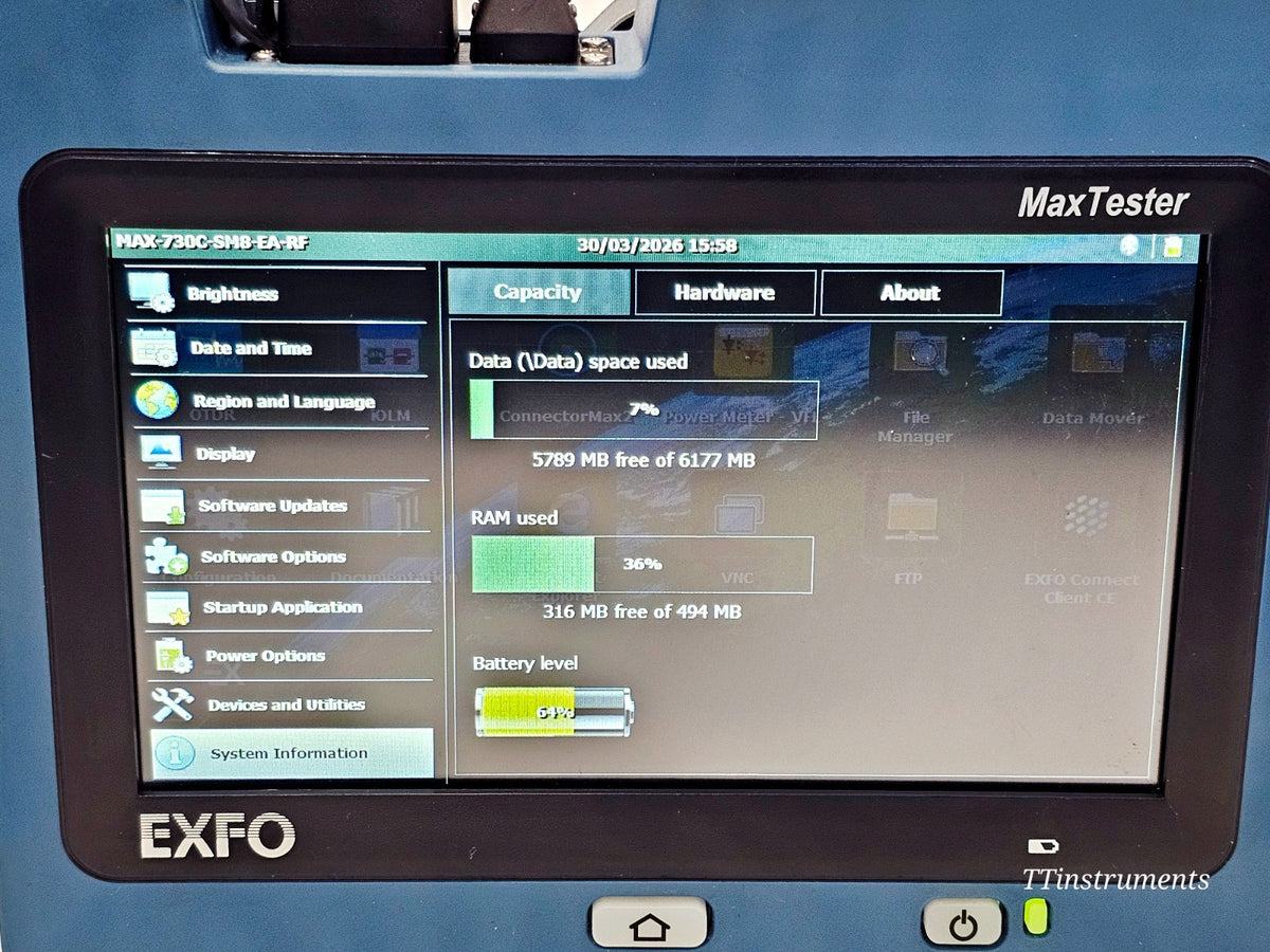 EXFO MAX-730C-SM8-EA OTDR serial number and specification label
