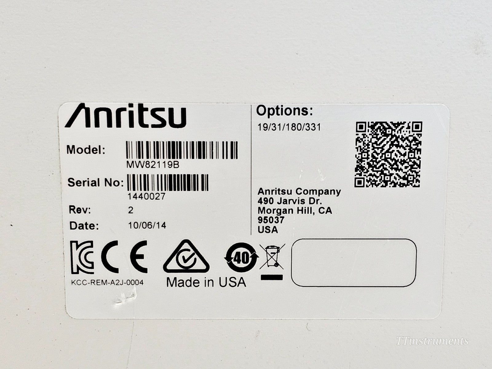 Anritsu MW82119B serial number and model label detail