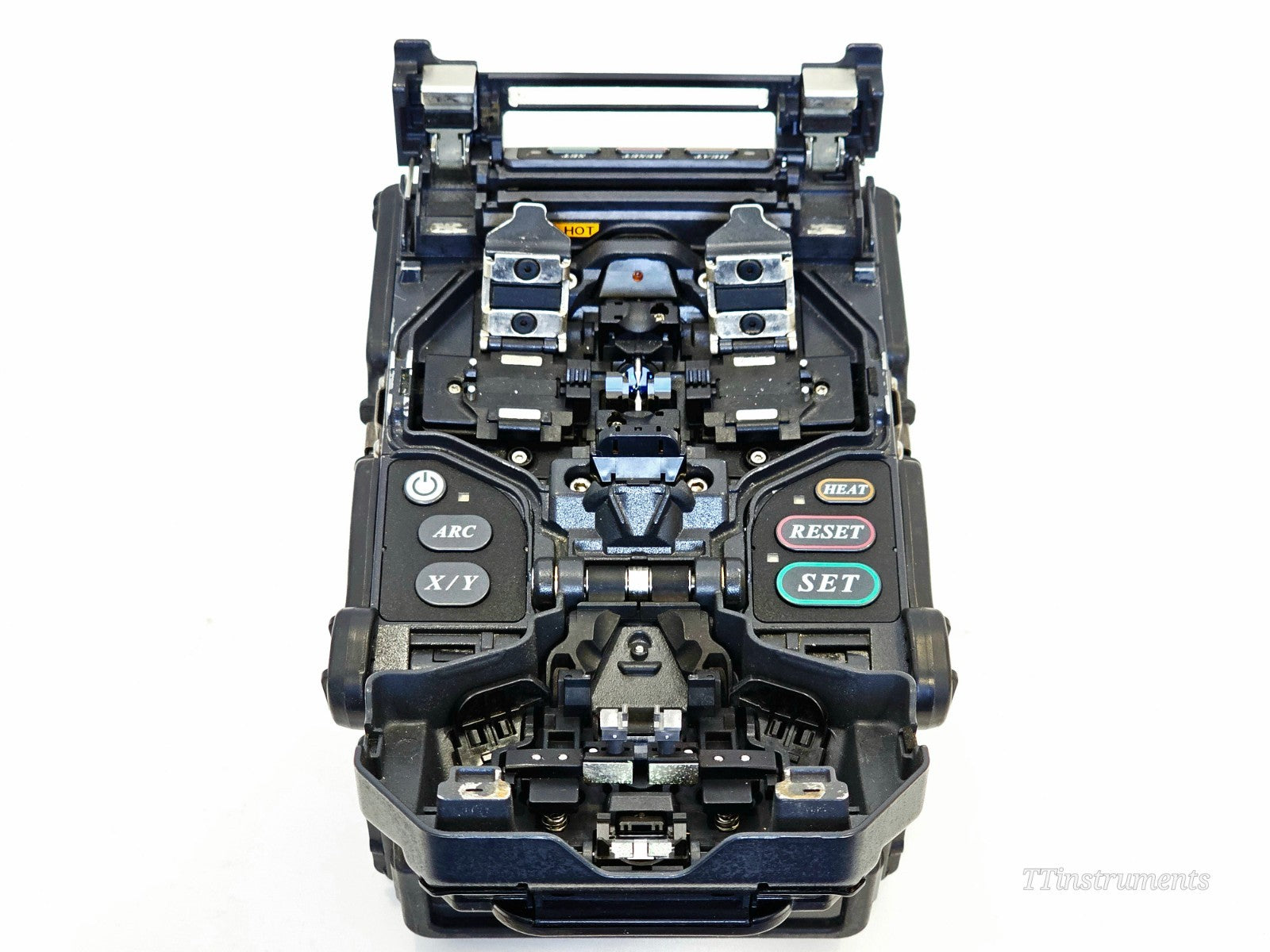 Fujikura FSM-60S splicer lid open showing fibre alignment and electrode area