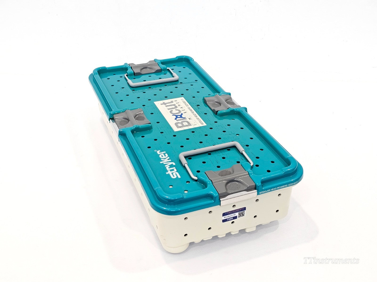 Stryker T2 Humerus sterilisation container — teal perforated lid with grey locking clips, Stryker branding, TTInstruments product label with SKU 7569 visible