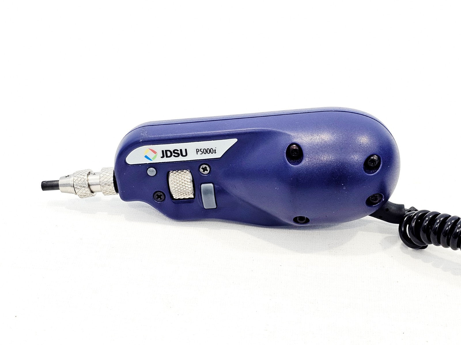 JDSU P5000i fiber microscope probe side view showing label, focus wheel, capture button and probe tip port