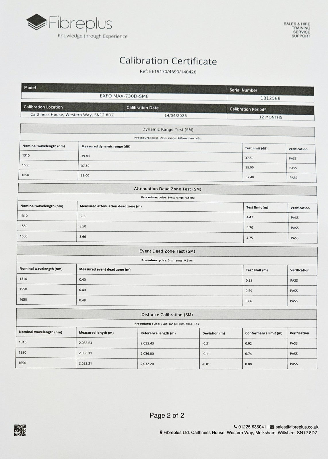 Fibreplus calibration certificate page 2 for EXFO MAX-730D-SM8 showing dynamic range and dead zone pass results