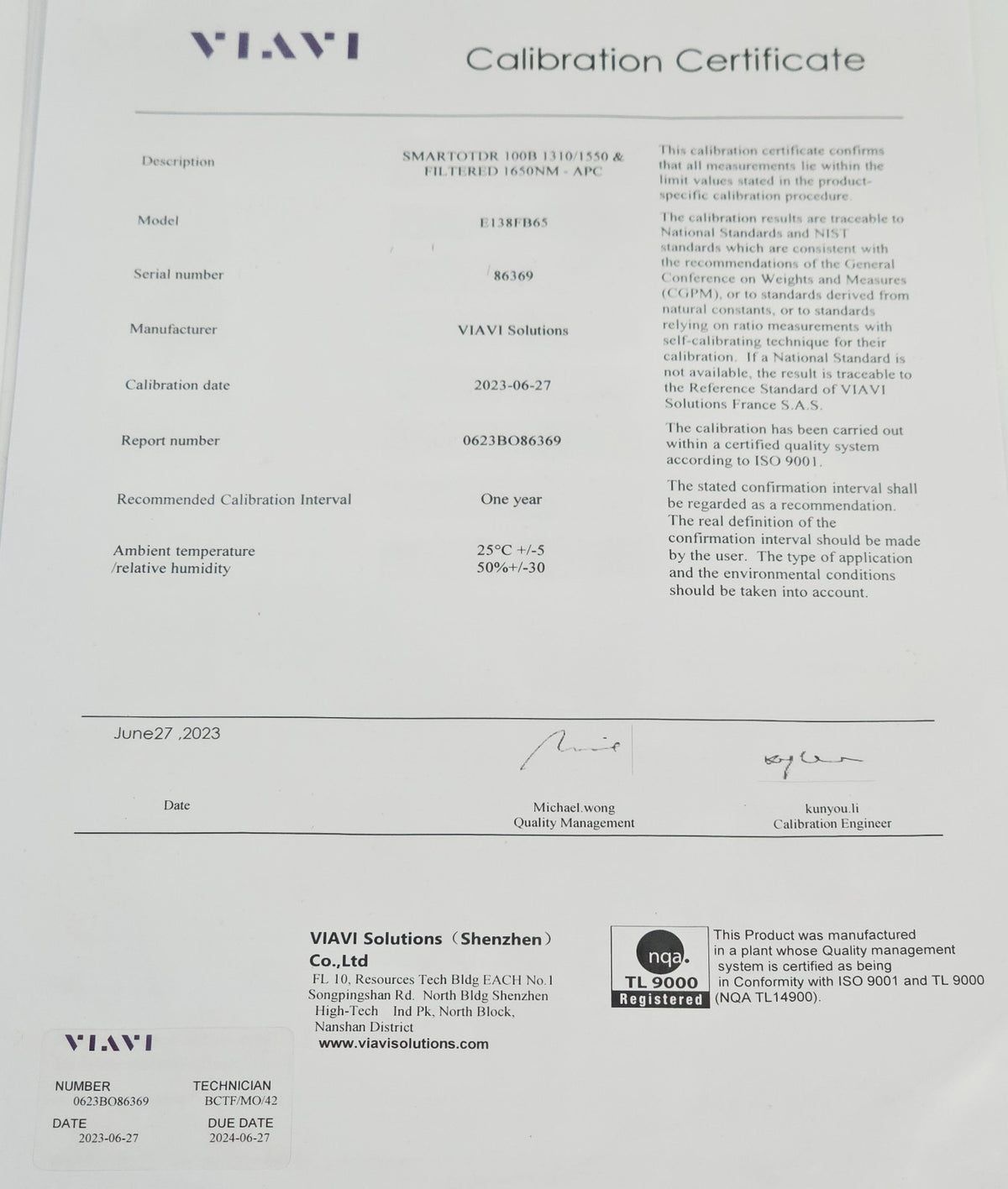 Brand NEW VIAVI SmartOTDR E138FB65 1310/1550/1650 Filtered SM APC 40 dB MFD 202323