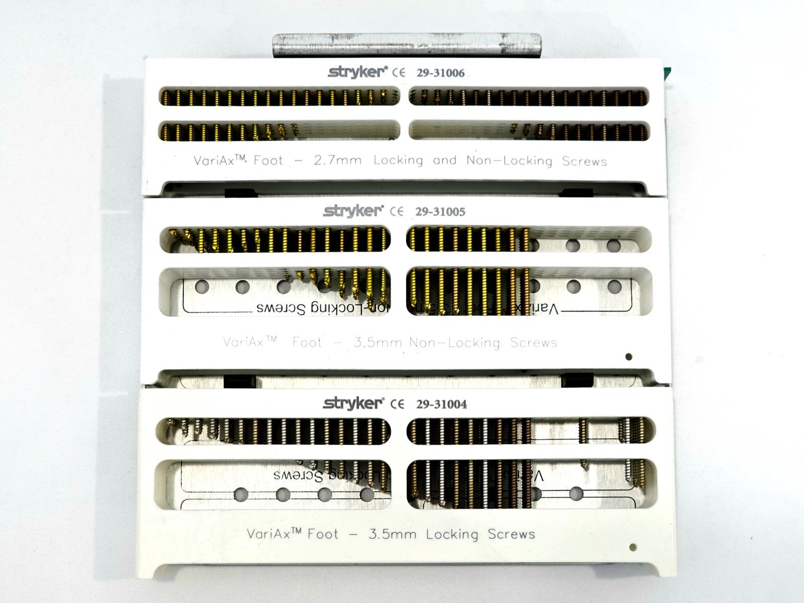 Stryker VariAx Foot Ankle set showing locking screws and implants arranged in tray