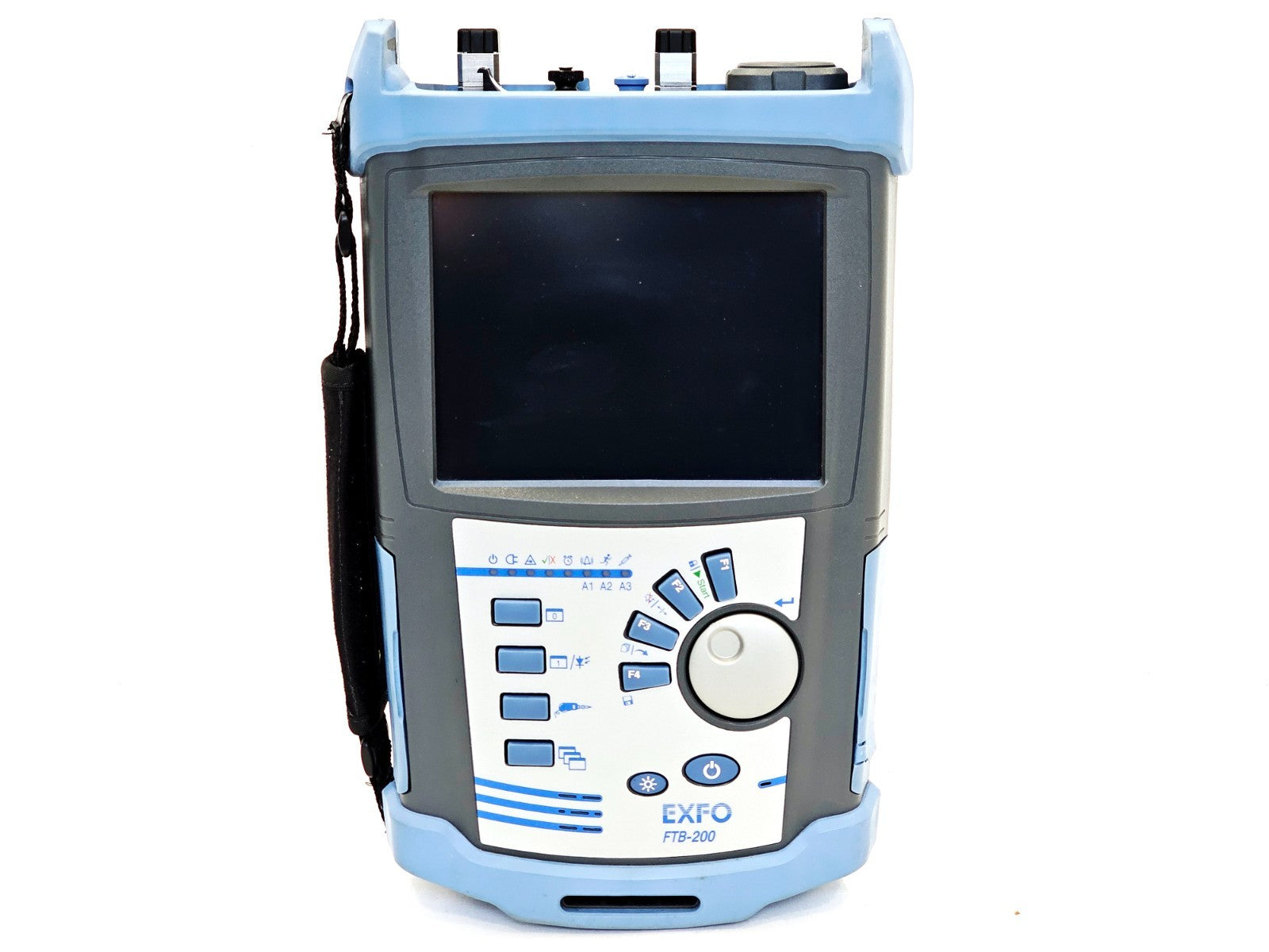 EXFO FTB-200 front view showing colour TFT display, keypad, rotary dial and FTB-200 branding