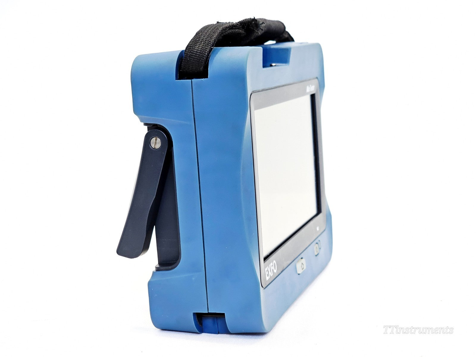 EXFO MAX-730D-SM8 MaxTester OTDR left-side view with tilt stand and carry strap visible