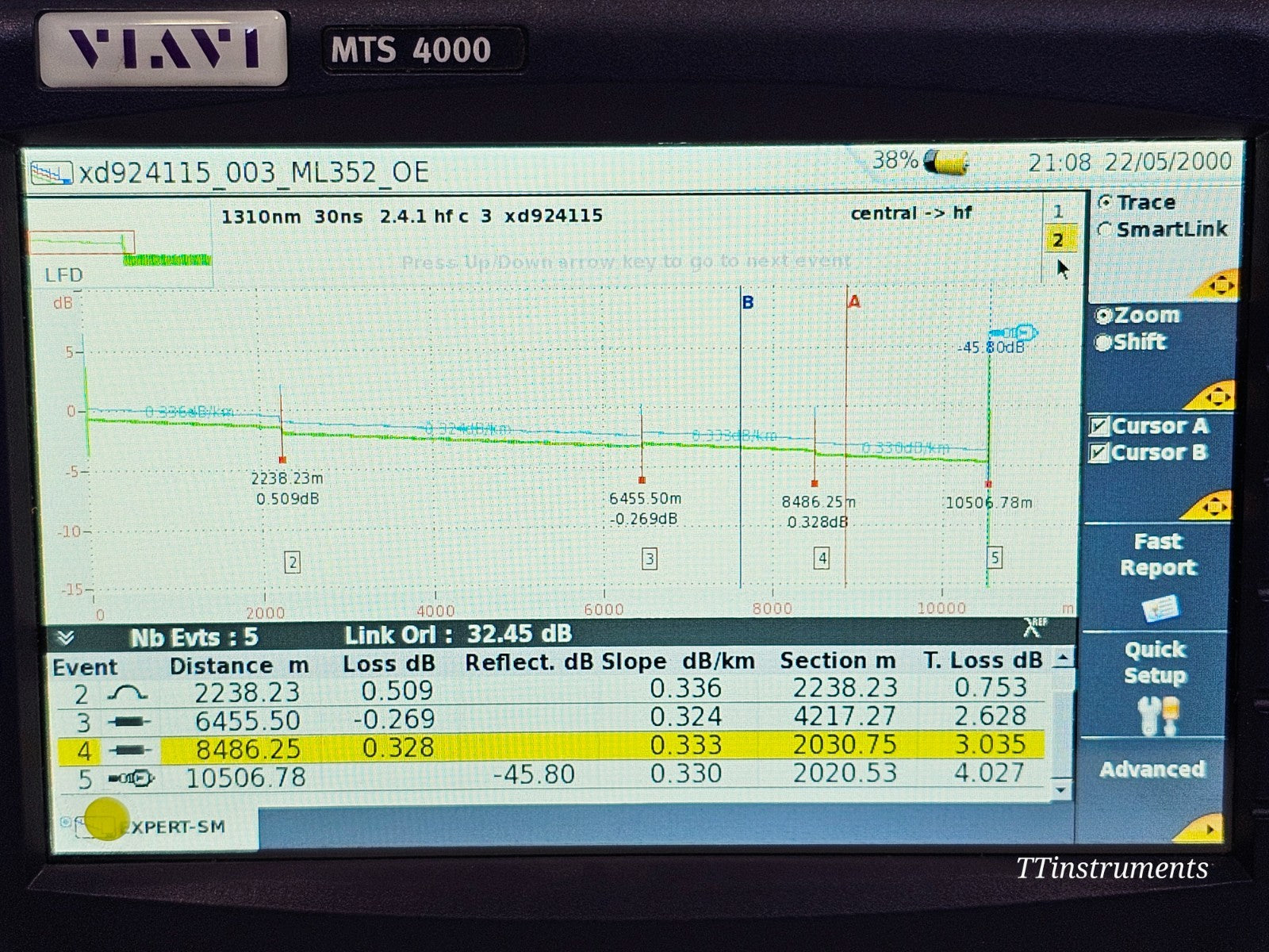 VIAVI MTS 4000 T-BERD OTDR 4126MA3 1310/1550nm SM Metro Access 43/41 dB20