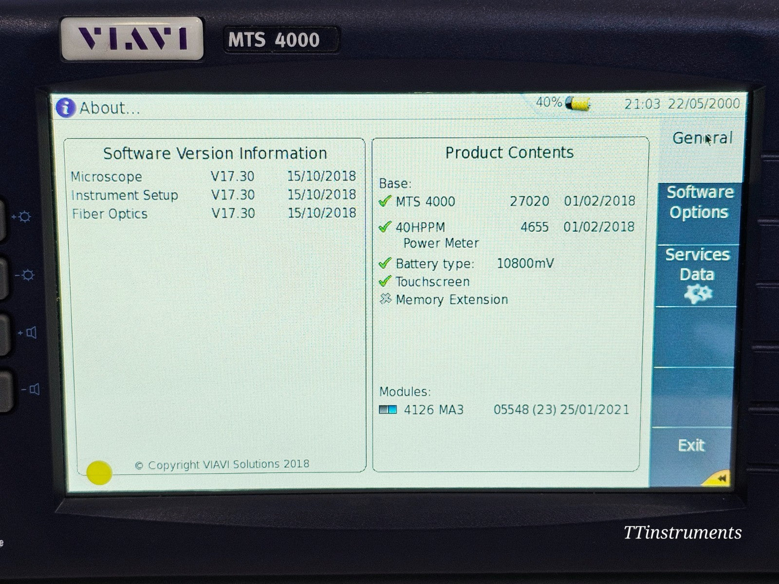 VIAVI MTS 4000 T-BERD OTDR 4126MA3 1310/1550nm SM Metro Access 43/41 dB14