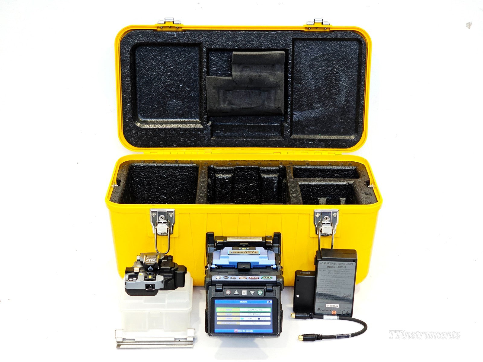Fujikura FSM-62S+ fusion splicer kit with CT50 cleaver, battery pack, AC adapter and yellow hard carry case