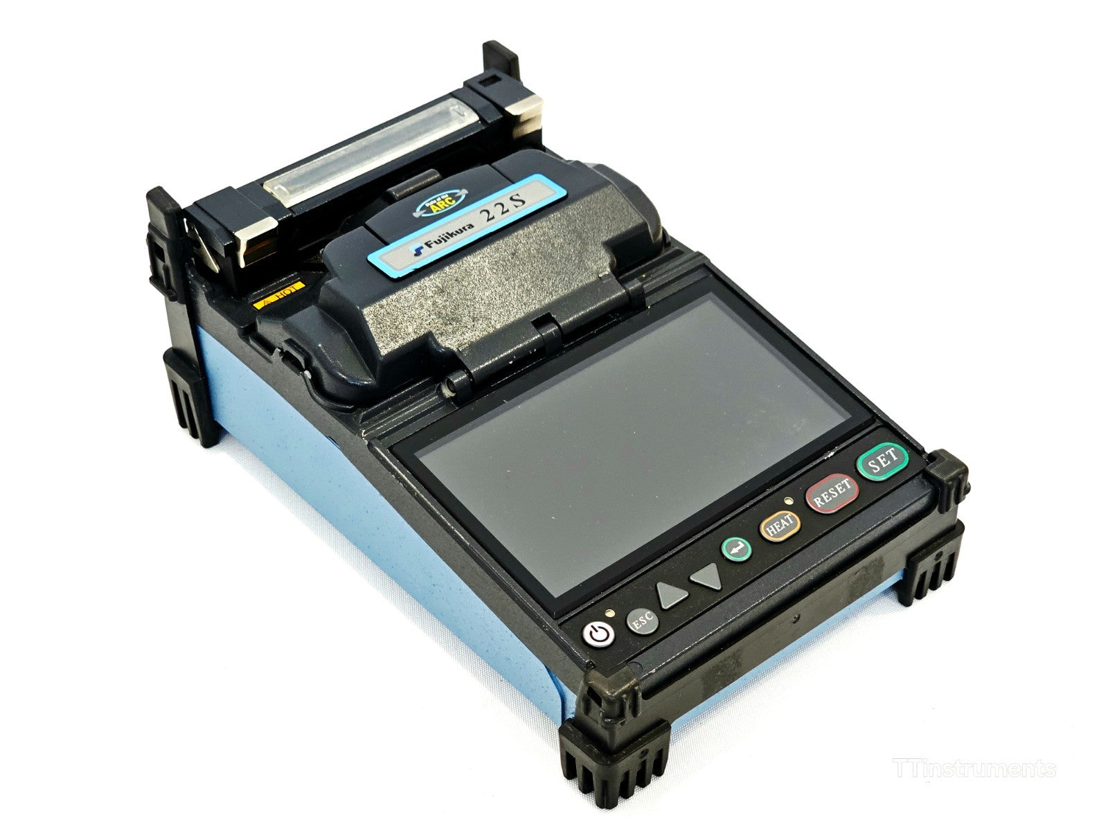 Fujikura FSM-22S fusion splicer with sheath clamps fitted, top-down view of splicing chamber