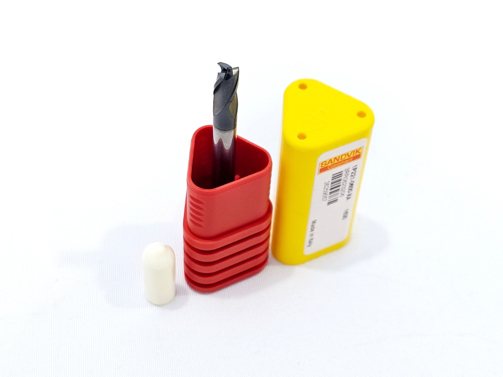 Sandvik Coromant 1P221-0600-XA 1630 CoroMill Plura 6mm end mill removed from case showing coated 3-flute cutting tip