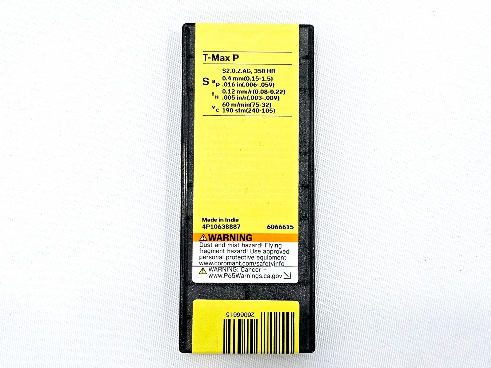 Sandvik Coromant DNMG 110404-SF 1105 blister pack reverse showing T-Max P cutting parameters and barcode label