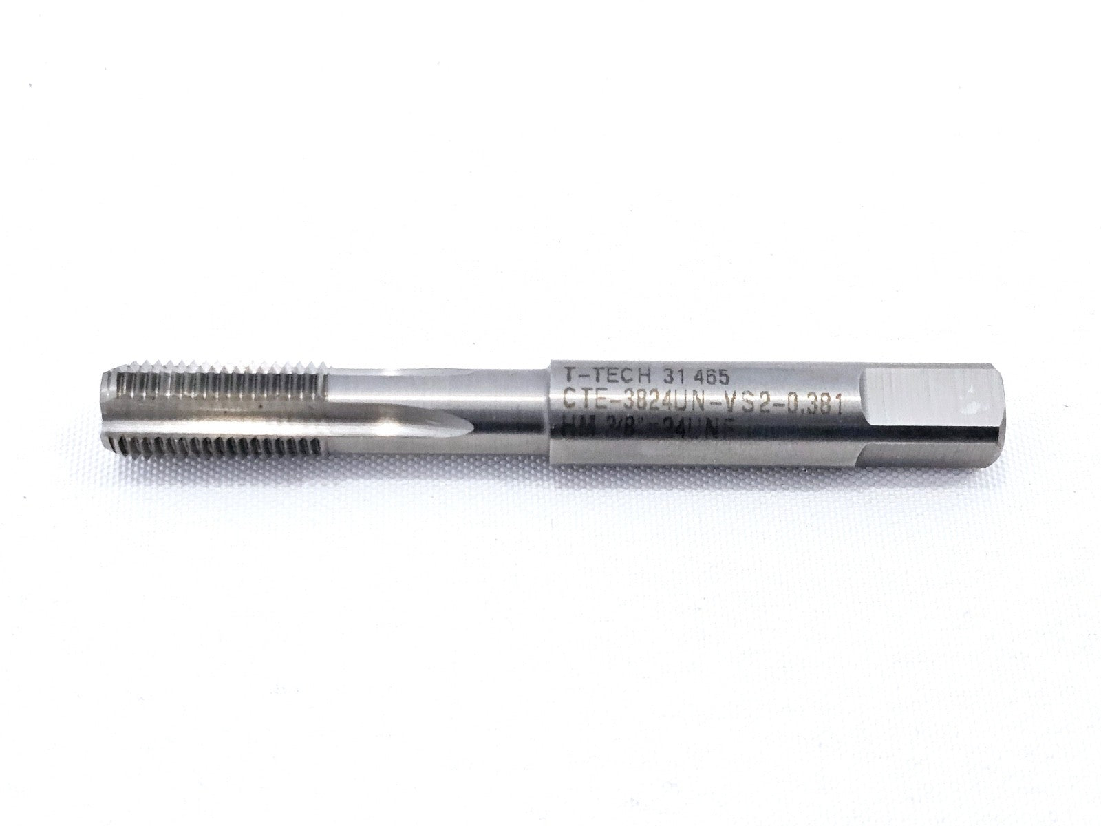 T-TECH CTE-3824UN-VS2 HM 3/8-24 UNF left-hand carbide tap single unit, side profile showing threaded end and square shank