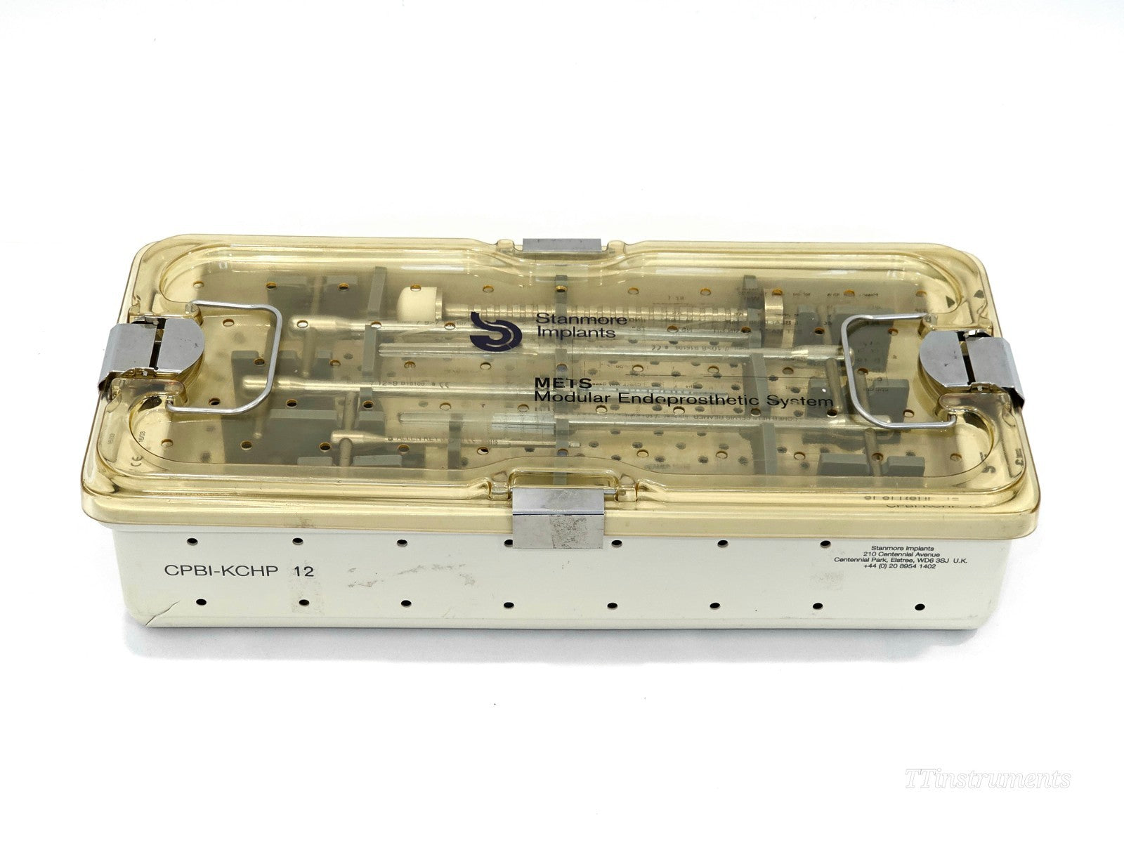 Stanmore Implants METS Modular Endoprosthetic System case front view showing CPBI-KCHP 12 label and address