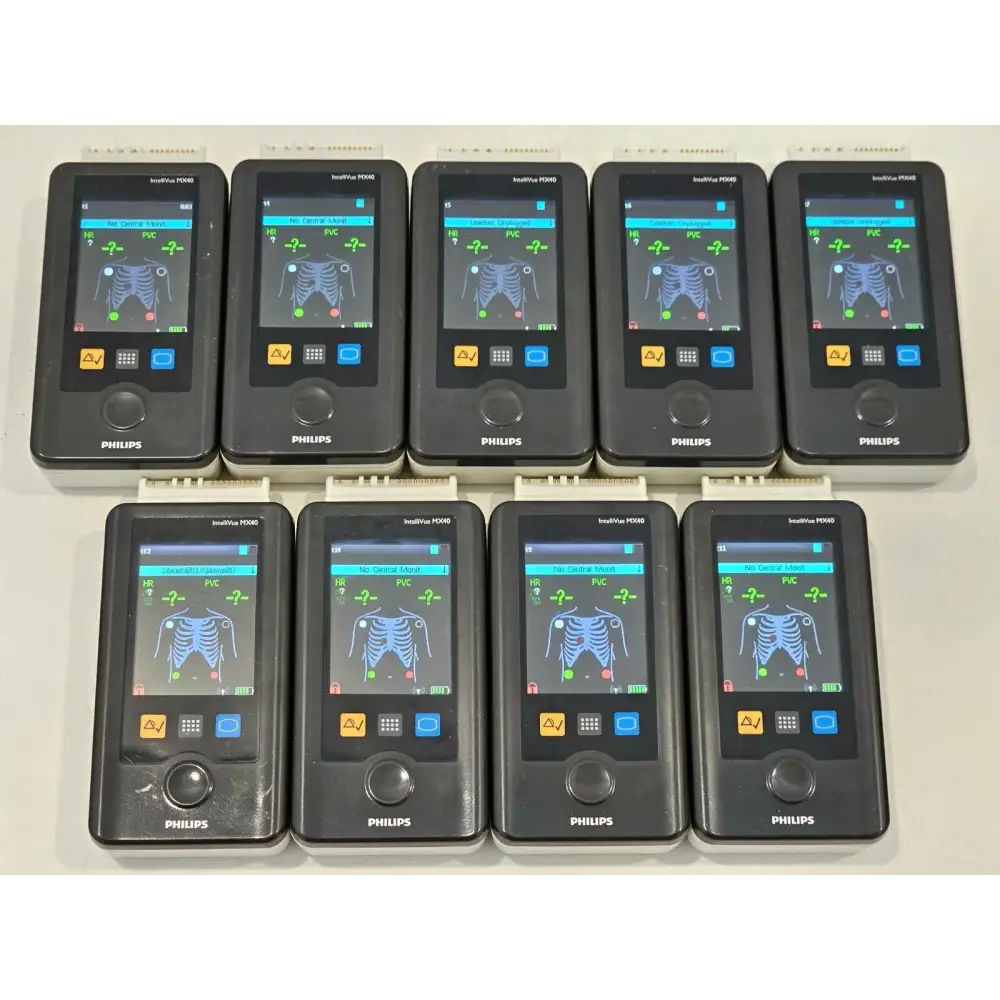 Nine Philips IntelliVue MX40 monitors powered on showing ECG lead placement screen, HR and PVC readings