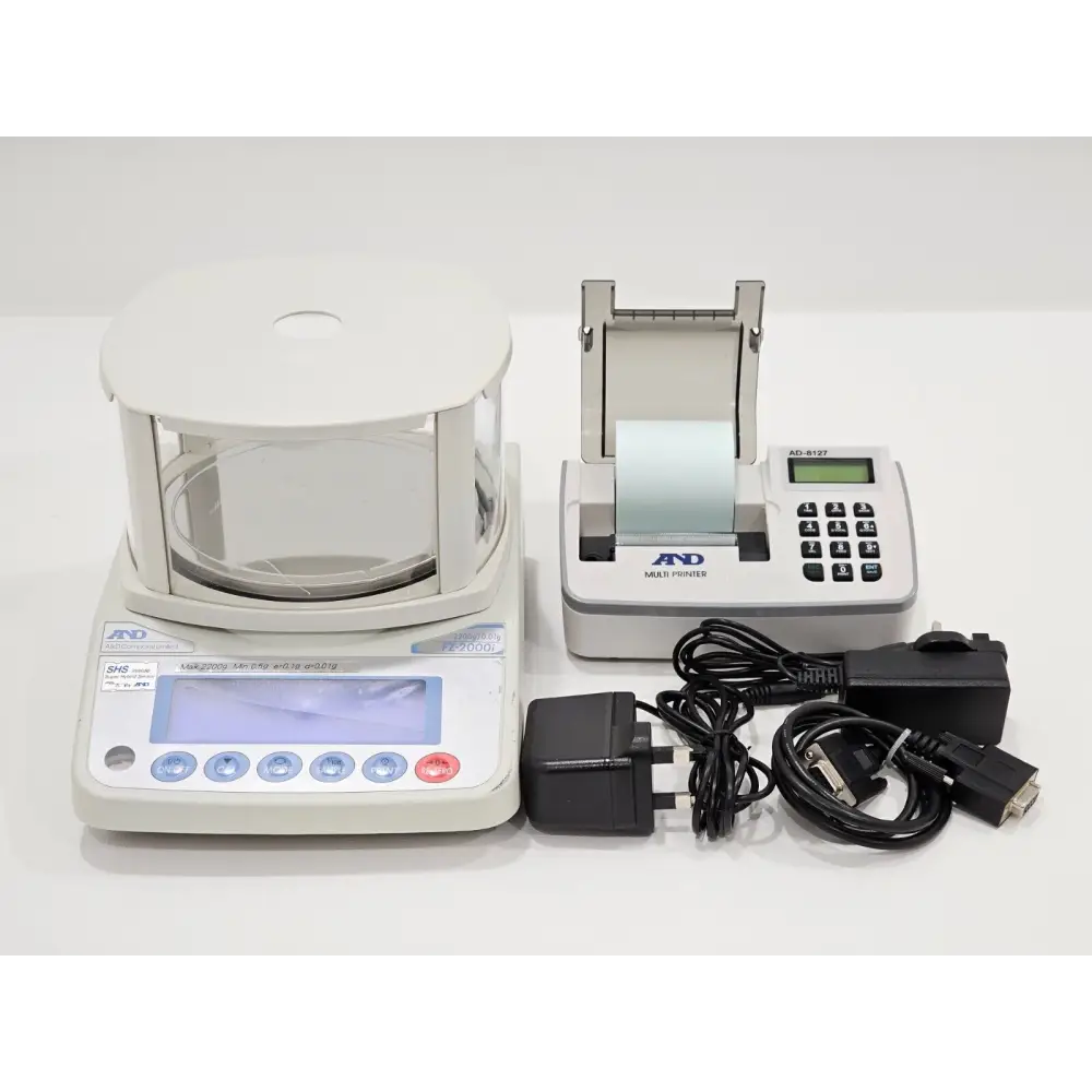 A&D FZ-2000i precision balance scale with draught shield assembled, front view