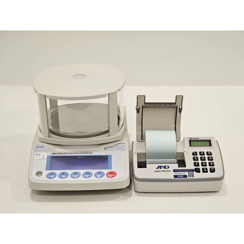A&D FZ-2000i precision balance scale with AD-8127 printer and draft shield assembly, front view